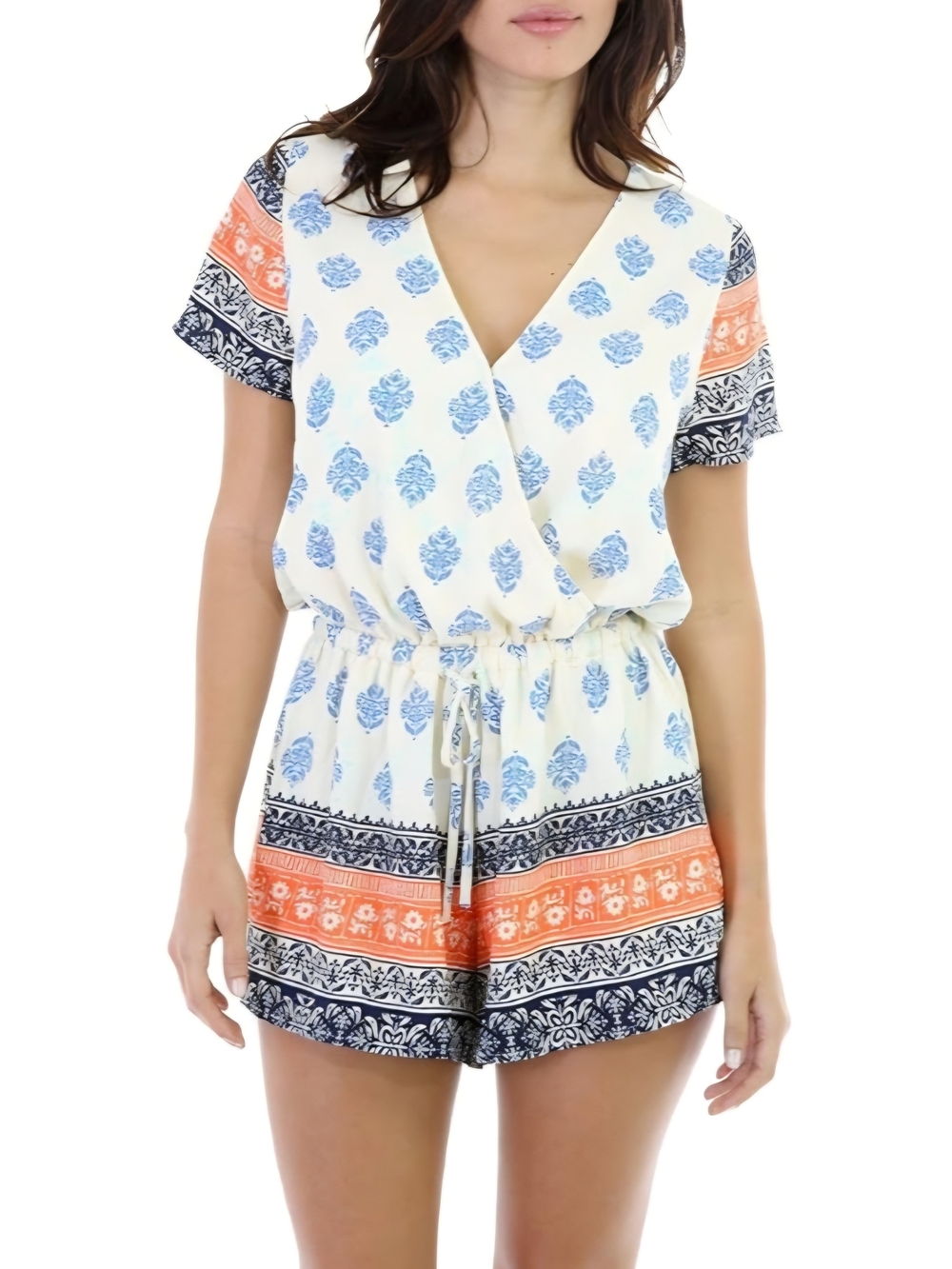 Reverse beige and blue multi-print romper featuring a wrap-style bodice Size M